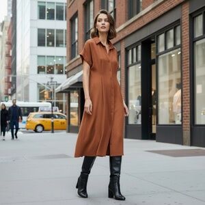 Rust Brown Button Front Midi Dress – Collared Boho Shirt Dress.